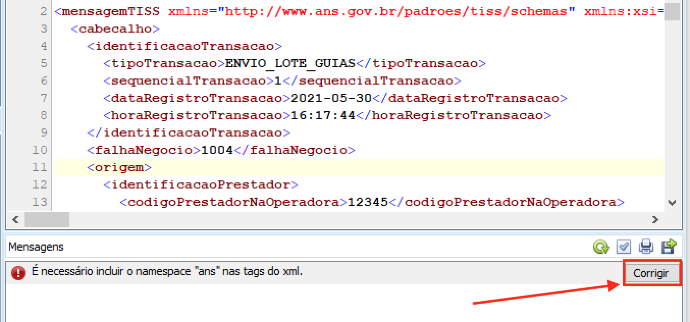 Validador exibindo erro de namespace com botão Corrigir
